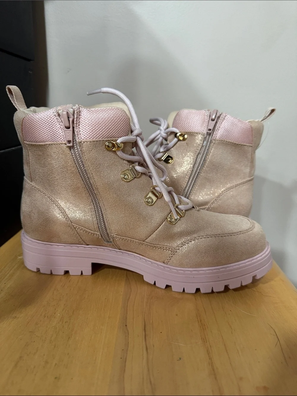 Kohl's Beige and Light Pink Platform Lace-Up Kids Boots